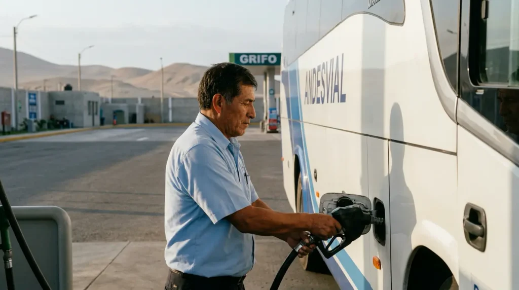 Conductor cargando diésel en un bus interprovincial para controlar el consumo de combustible