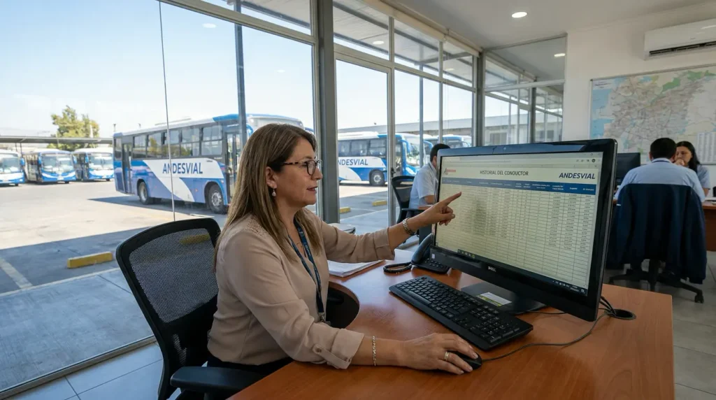 Jefa de operaciones consulta el récord de conductor de un chofer en la oficina de un terminal de buses