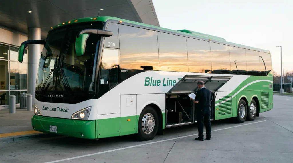 Modern intercity coach at a terminal illustrating sustainable fleet management practices