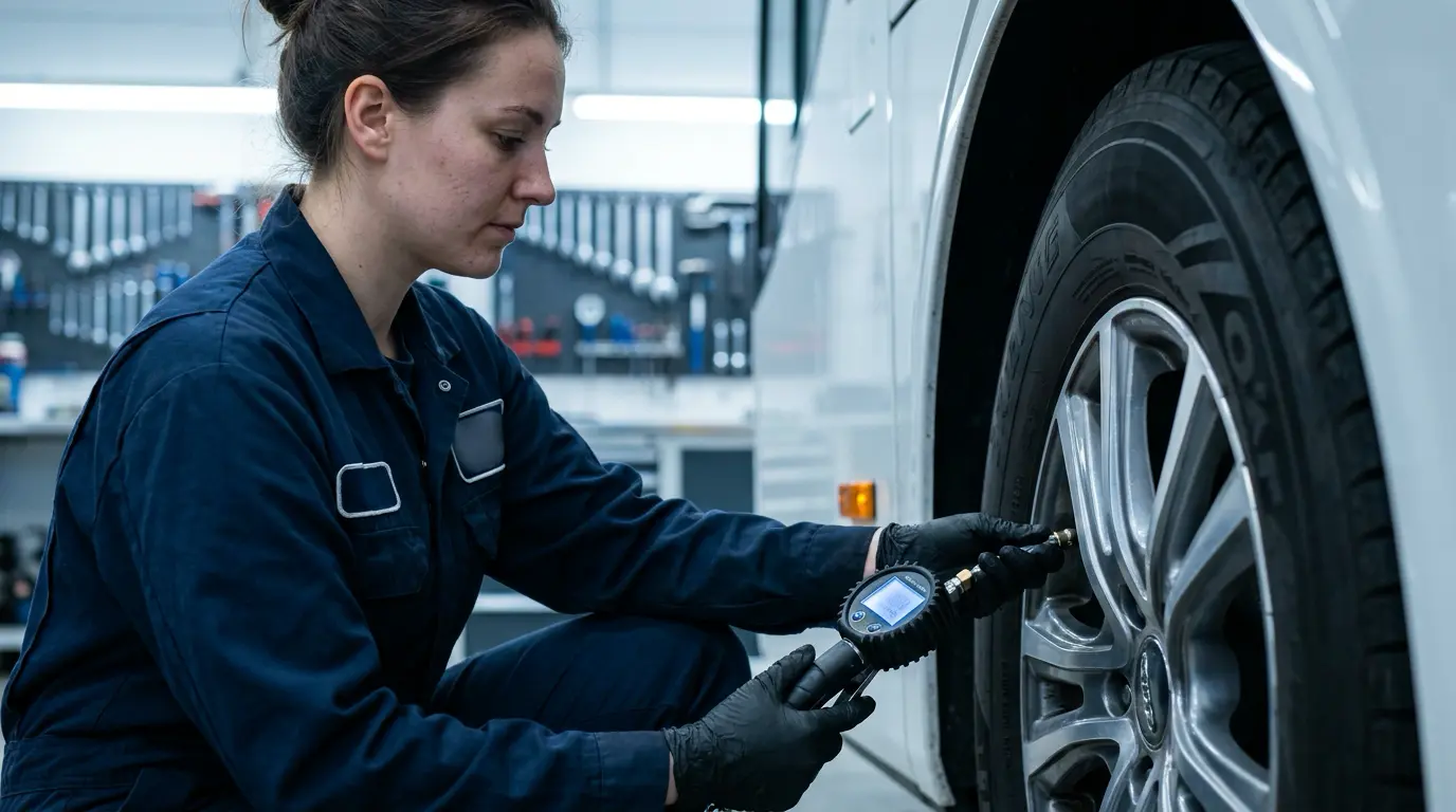 Sustainable Fleet Management: How to Reduce Your Carbon Footprint 1 Technician checking tire pressure on a coach, a basic step in fleet emissions reduction