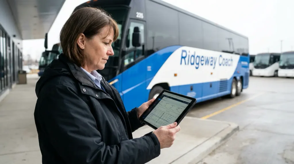 Operations manager reviewing transportation KPIs on a tablet beside an intercity coach fleet