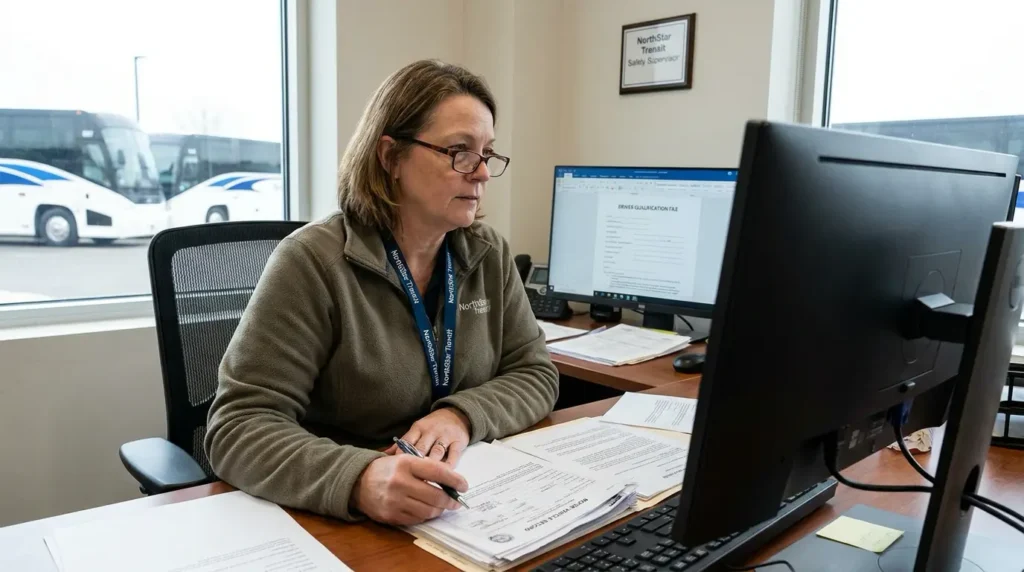 Safety supervisor reviewing driver qualification records against CDL requirements for a bus fleet