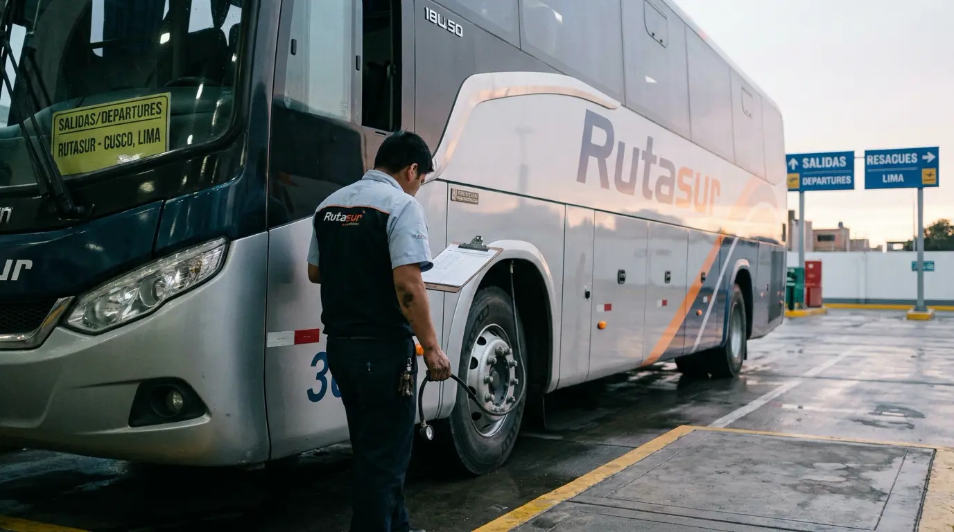 Cómo organizar el mantenimiento preventivo de vehículos en una flota de buses 2 Conductor revisando el checklist de presalida de un bus interprovincial en el terminal