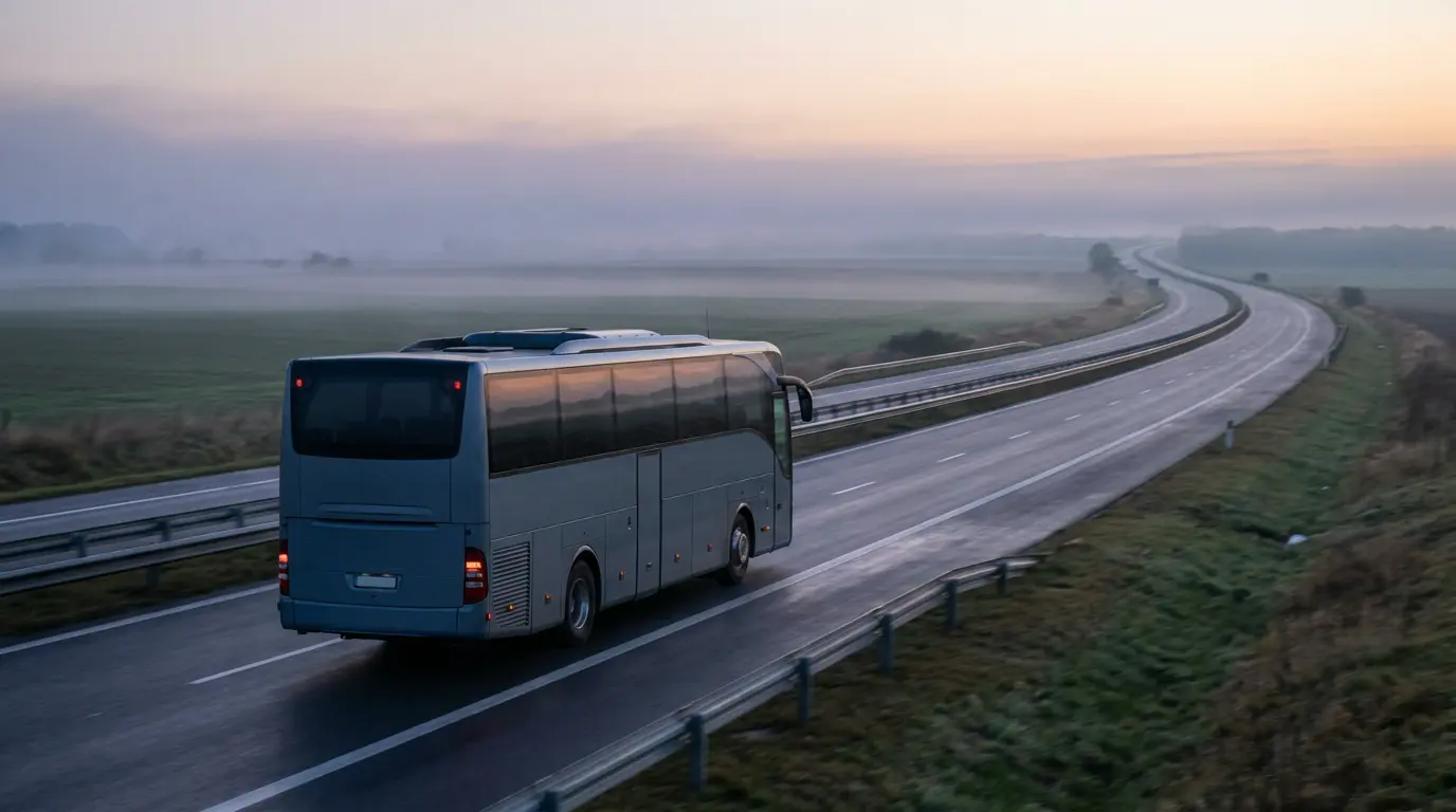 How to Price Charter Bus Trips 1 An empty motorcoach traveling a highway, illustrating deadhead mileage between trips