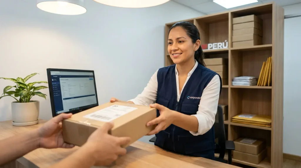 Encargada de agencia entregando una encomienda a un cliente en el mostrador