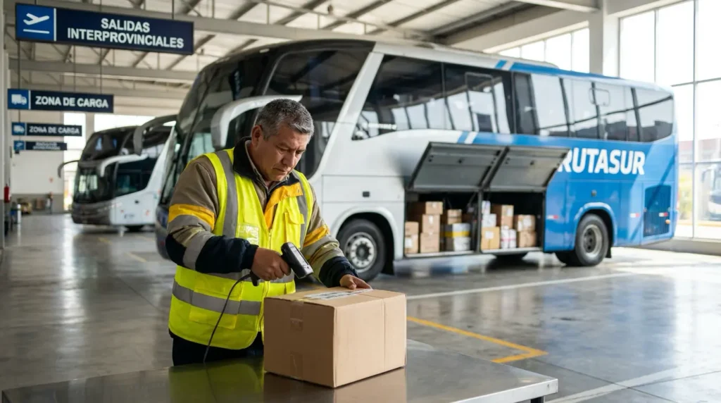 Operario escaneando una encomienda antes de cargarla a la bodega de un bus interprovincial