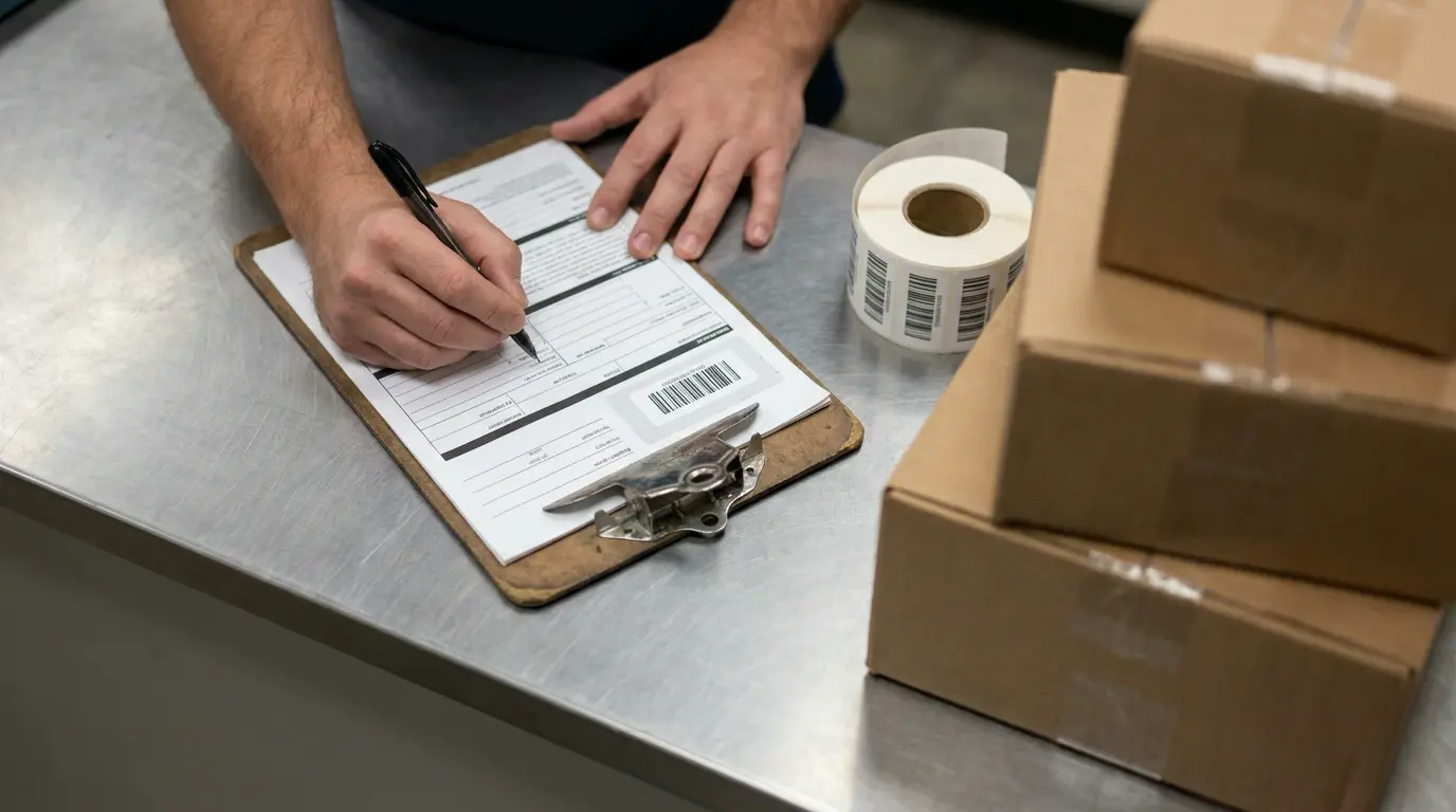 Hands completing a bill of lading form at a transportation terminal counter