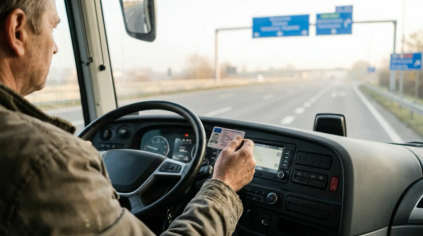Infracciones de tránsito y el sistema de puntos 1 Conductor sosteniendo su licencia de conducir en la cabina de un bus interprovincial