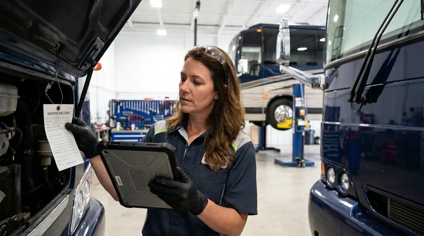 A maintenance supervisor checking a service record on a tablet beside a motorcoach