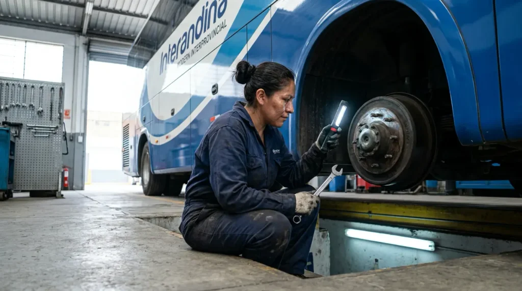 Mecánica realizando mantenimiento preventivo de vehículos en el sistema de frenos de un bus