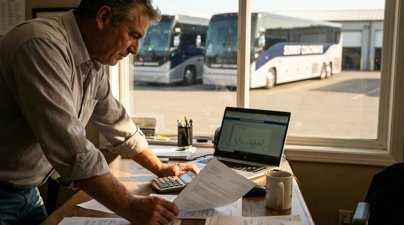 An operations manager reviewing a charter quote sheet at a bus depot office