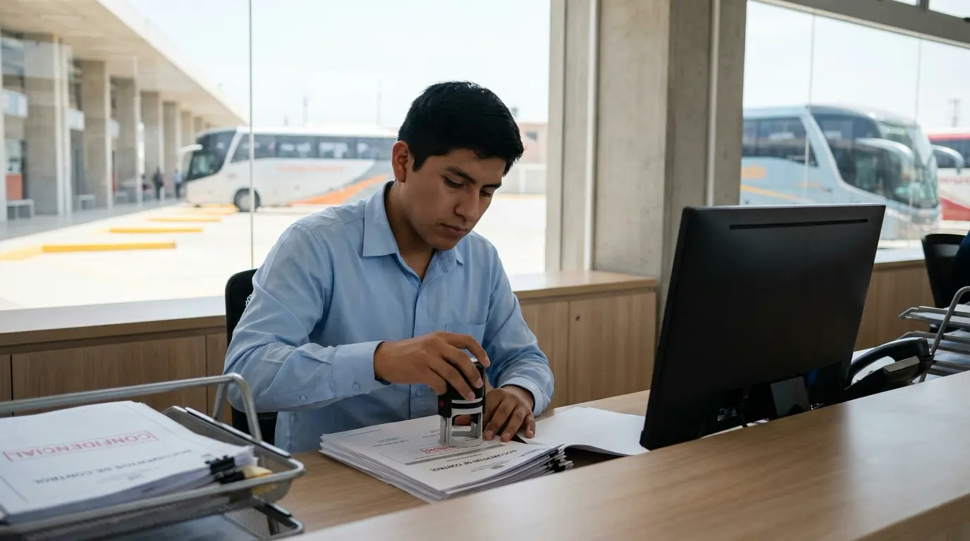 Infracciones de tránsito y el sistema de puntos 2 Asistente registrando documentos de control y notificaciones en la oficina de un terminal