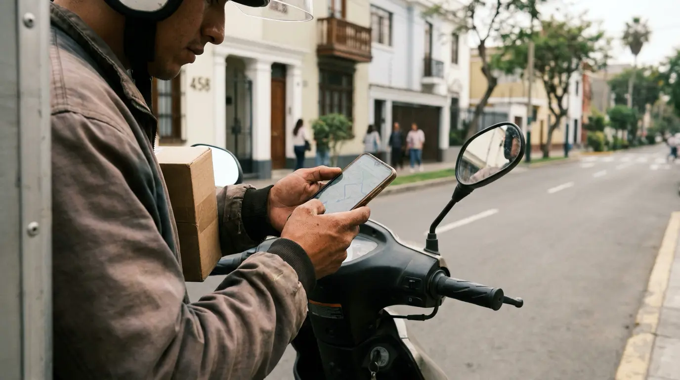 Qué es la última milla y por qué falla la entrega 2 Repartidor verificando la dirección de entrega durante la última milla en zona urbana