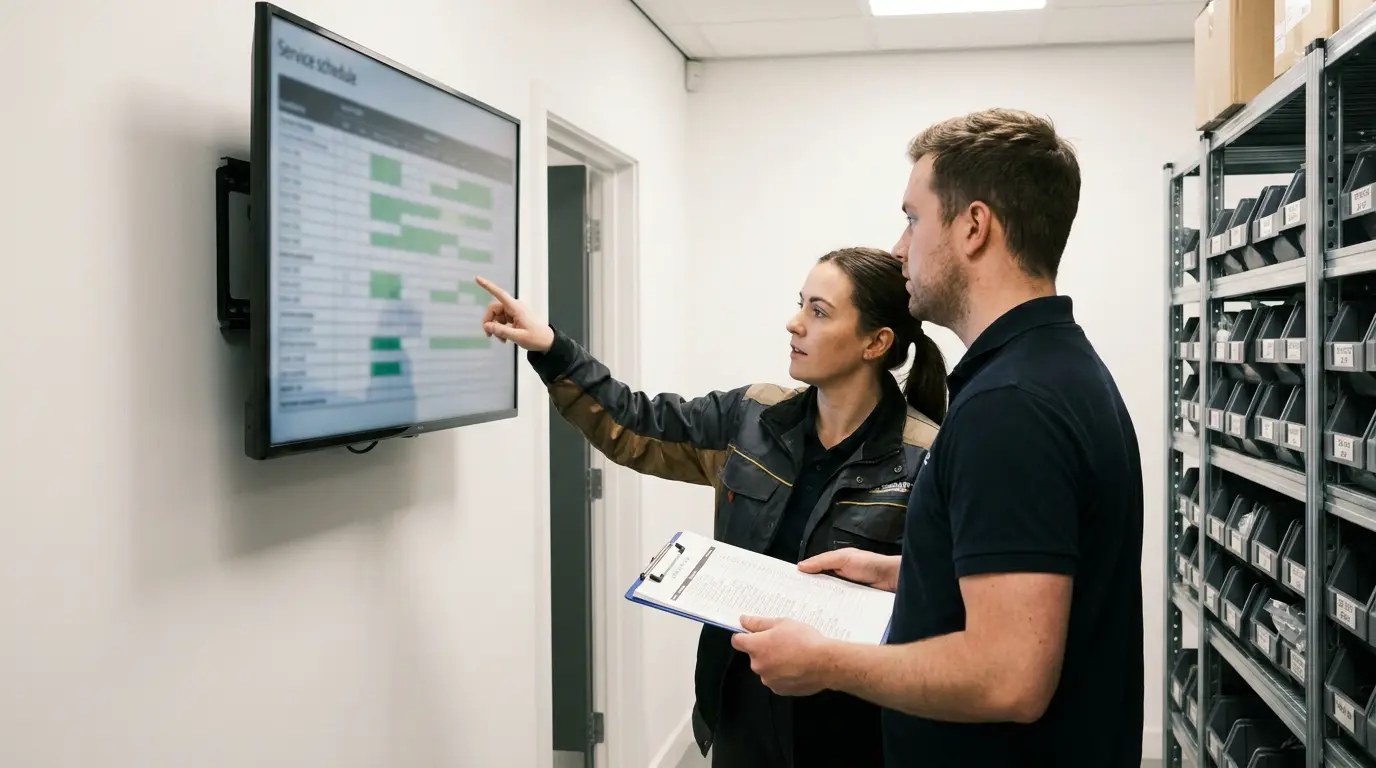 Fleet Maintenance Software for Bus Operators 2 Two staff members reviewing a fleet service schedule in a maintenance office