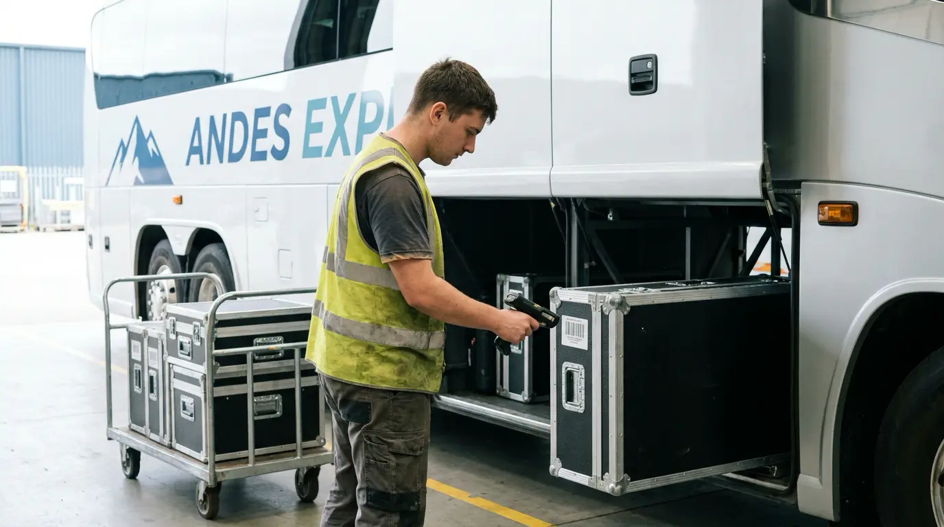 A handler scanning a parcel before loading it into the baggage bay of a coach