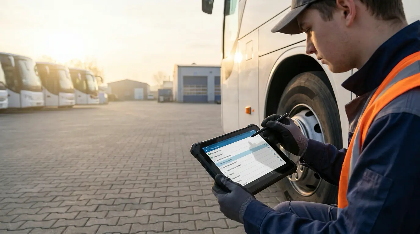 Fleet Maintenance Software for Bus Operators 1 A technician completing a digital vehicle inspection on a handheld device in a depot yard