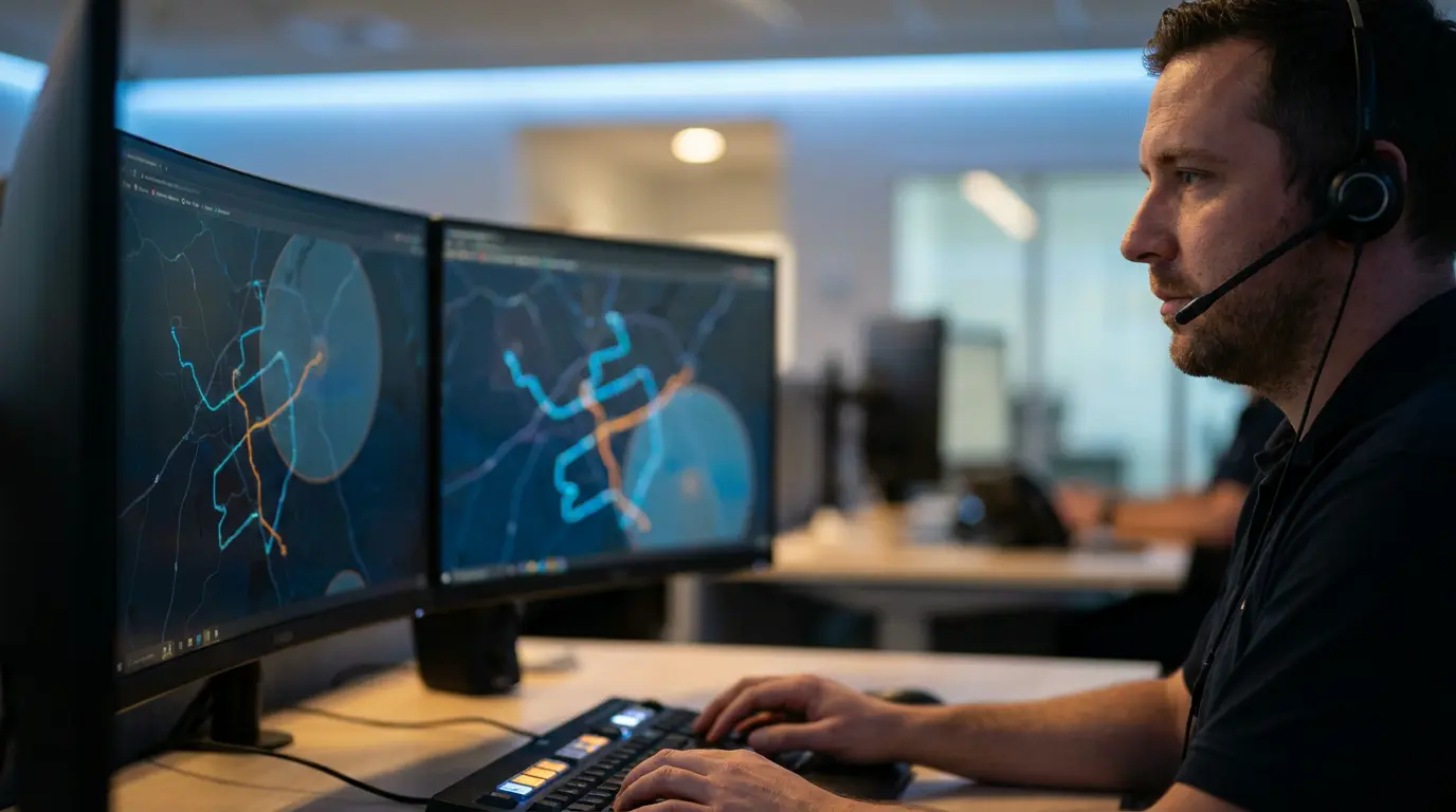 Dispatcher reviewing boundary alerts for departures on the route map