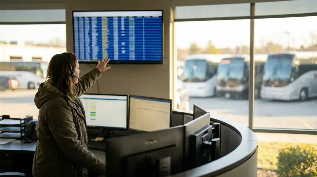 Dispatcher managing the evening departures from the operations desk