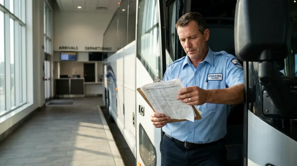 Conductor revisando el manifiesto de pasajeros antes de iniciar el servicio