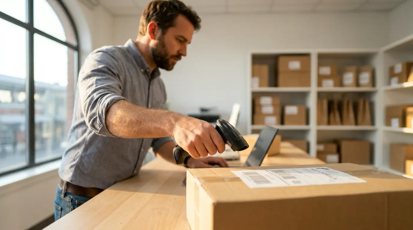 Agency clerk processing a returned parcel at the counter