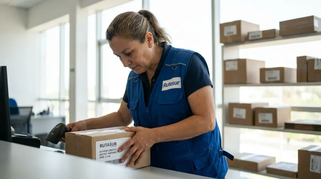 Encargada de agencia registrando una encomienda con valor declarado en el mostrador