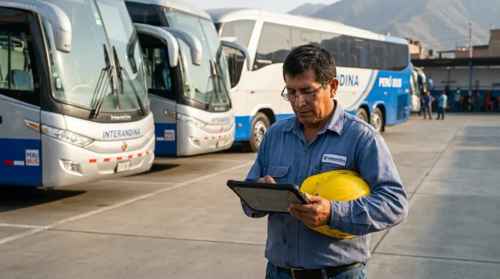 Jefe de mantenimiento revisando el plan de servicios de la flota de buses en una tablet