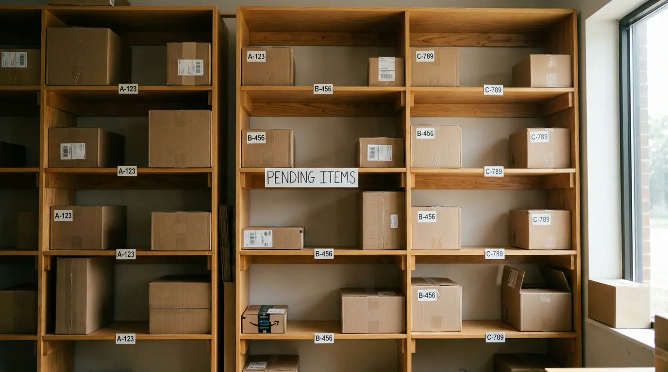 What Is Reverse Logistics? 1 Shelf holding unclaimed parcels waiting for a disposition decision
