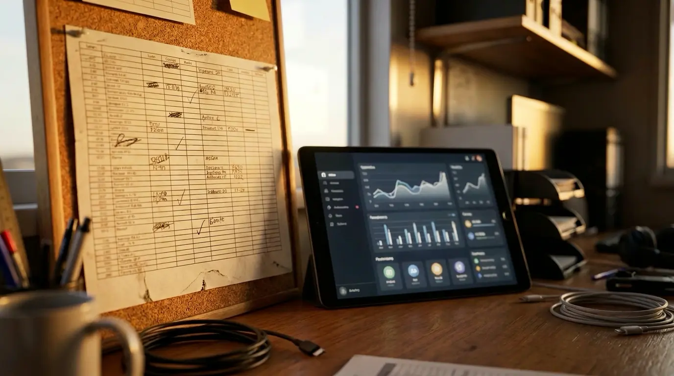 Printed dispatch board next to the digital assignment tool during the transition